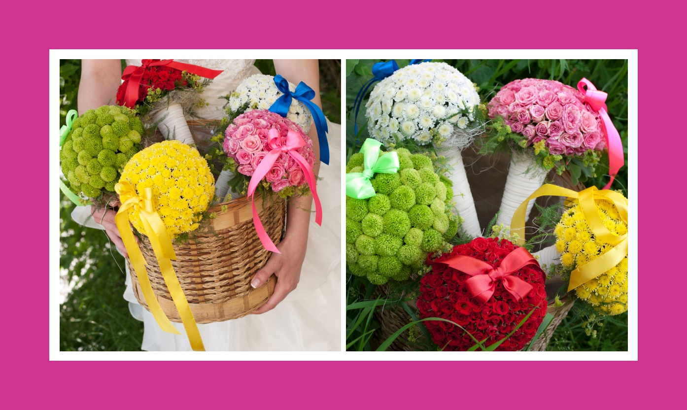 Brautstrauß aus Rosen, Kamillen, Chrysanthemen,  Ranunkeln, Margeriten in Weiß, Gelb, Grün, Rosa und Rot 