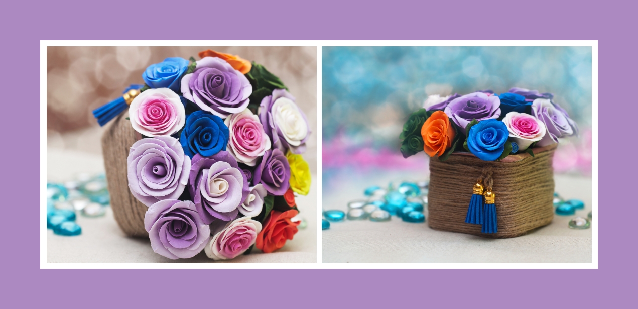 Brautstrauß Kunstblumen Rosen Pink Marineblau Lila