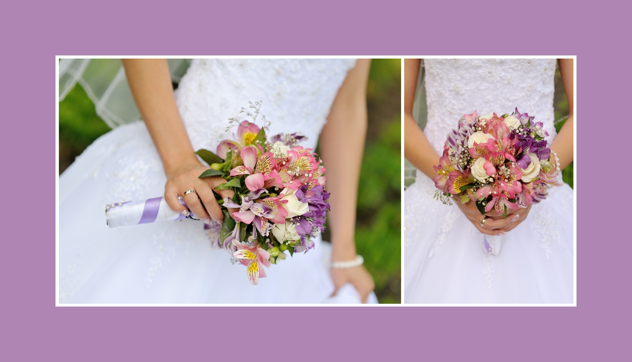 Brautstrauß mit rosa und lila Inkalilien, weißen Rosen