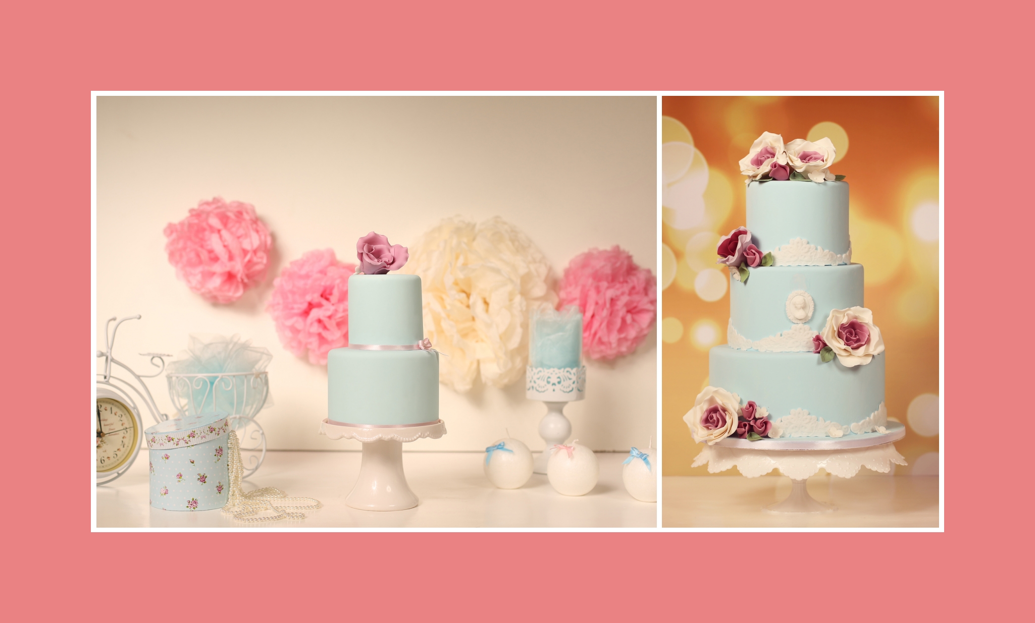 Vintage Torten hellblau mit großen Blumen