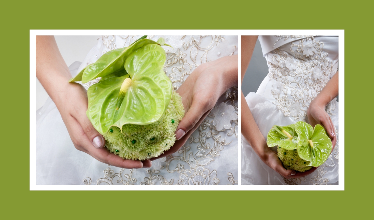 Der extravagante Brautstrauß aus Callas und Chrysanthemen in Grün