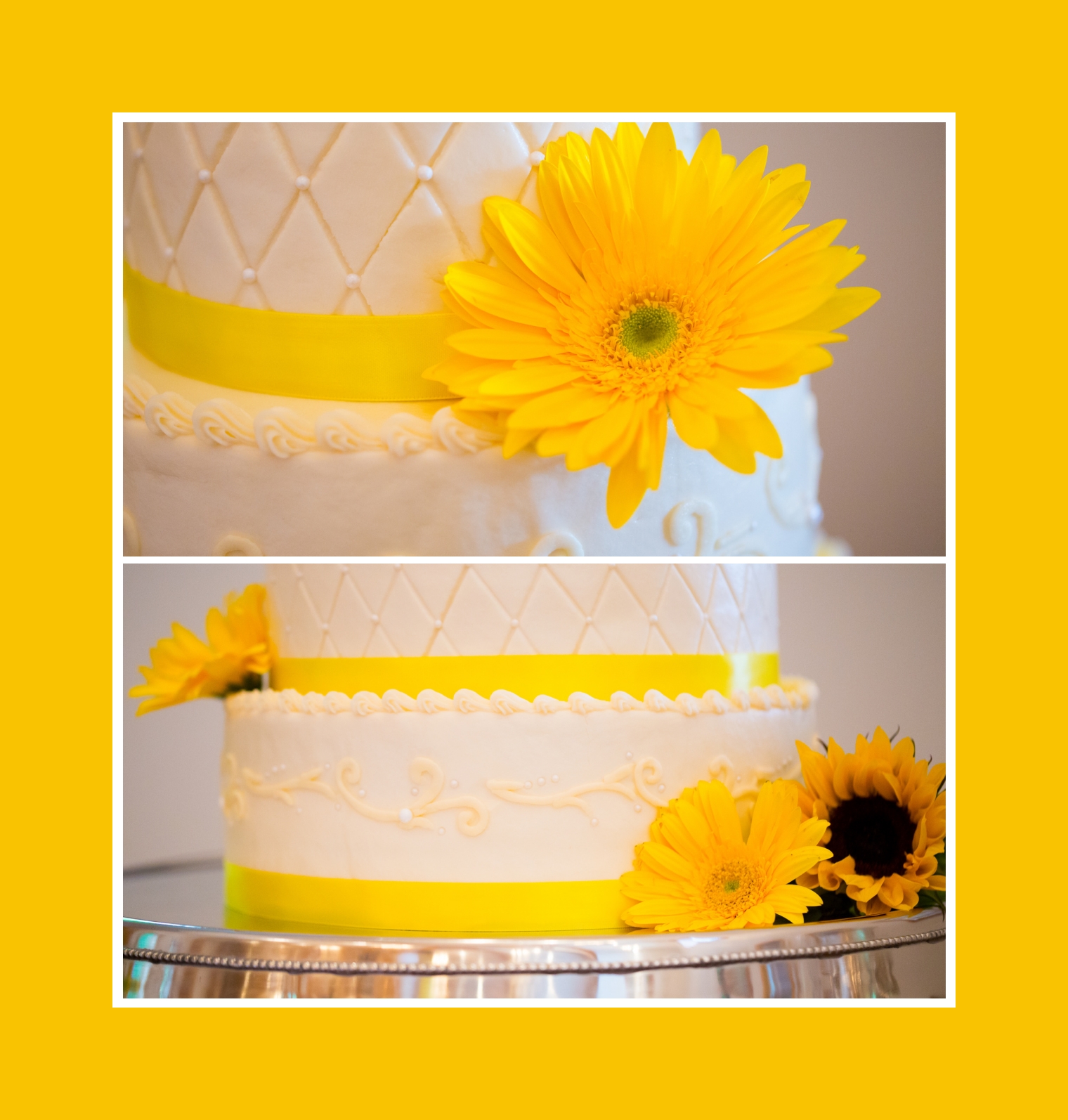 Blumendeko für die gelbe Hochzeitstorte