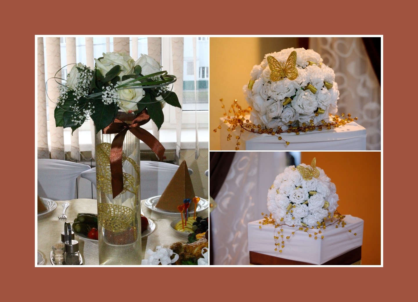 Blumengestecke aus weißen Blumen für Schokoladenhochzeit